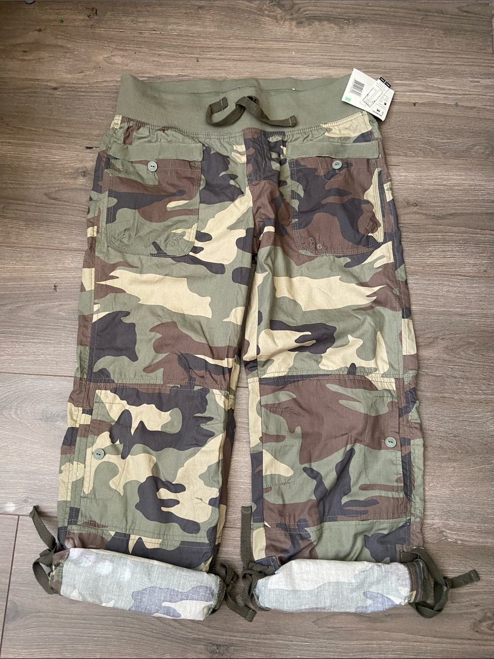 CAMO CARGO STRAIGHT PANTS WIDE ELASTIC BAND DRAWSTRINGS ADJUSTABLE ROLL-UP PANTS - Picture 3 of 13